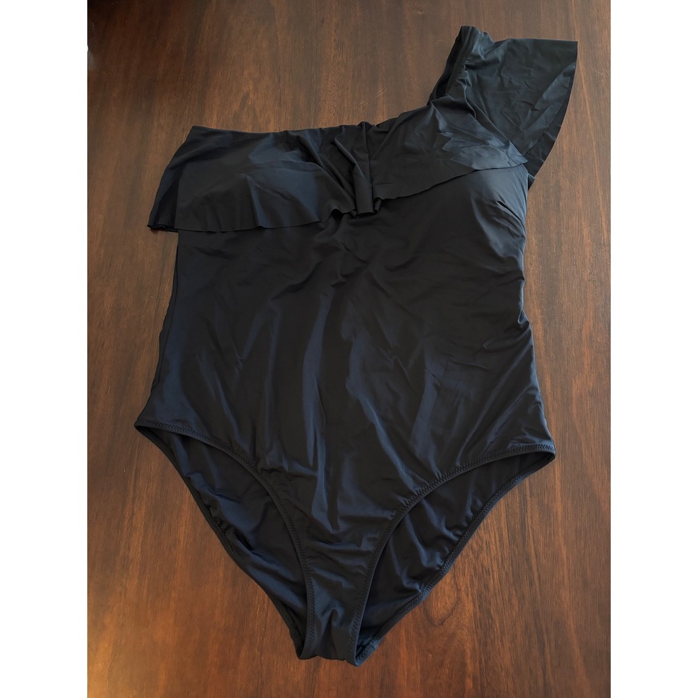 White Birch One Shoulder Ruffle One Piece Swimsuit Black 3X T24305P